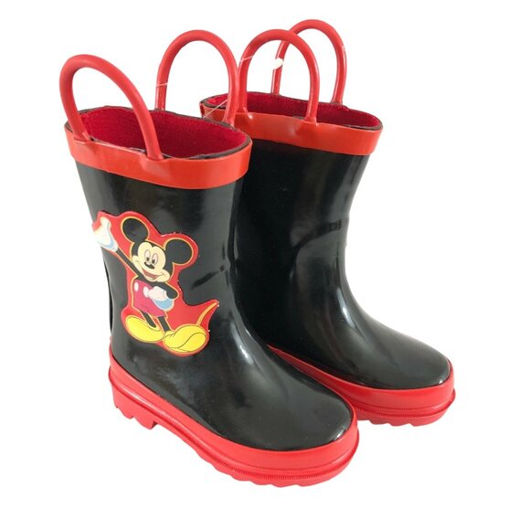 Disney Toddler Boys Girls Rain Boots Mickey Mouse Slip On Rubber Black Red 4 - Picture 1 of 5